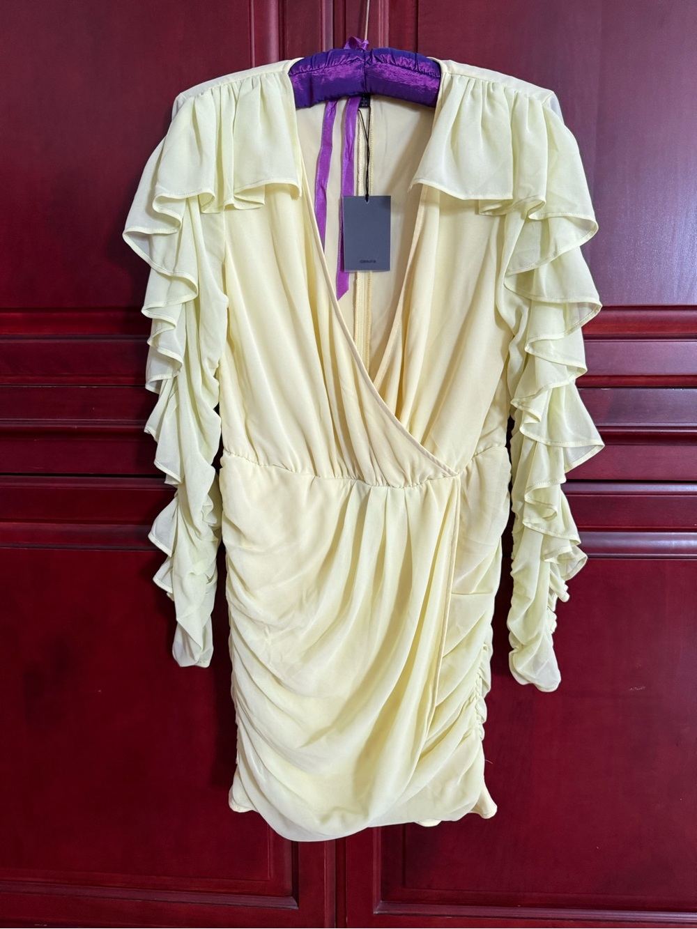 NBD Pale Yellow Ruffle Wrap-Style Mini Dress